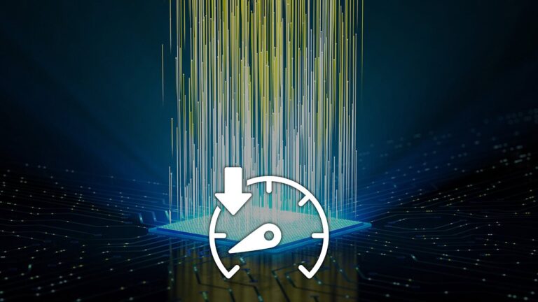 An abstract representation of thermal throttling by using a dial indicating slow speed overlayed upon a CPU.